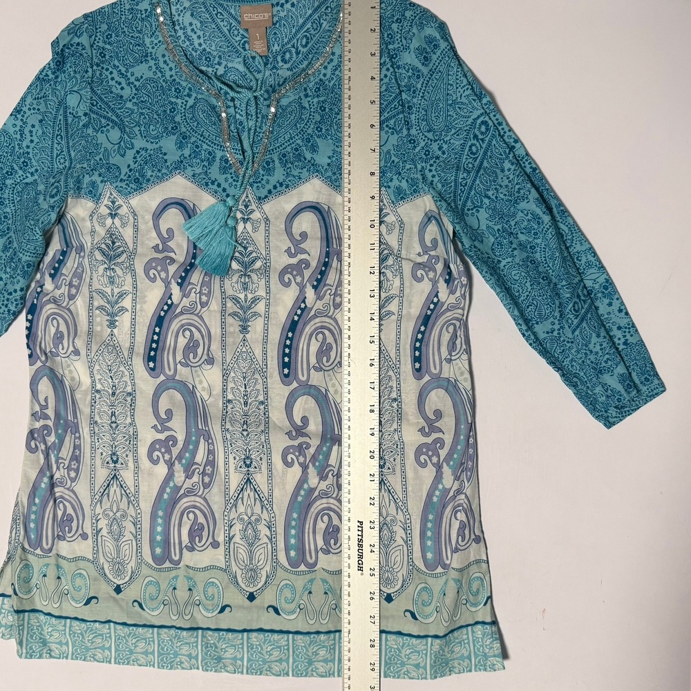 Chicos Womens Blue Paisley Cotton Tunic Top Sequin V-Neck Tassel Size 1 Medium - Picture 12 of 15